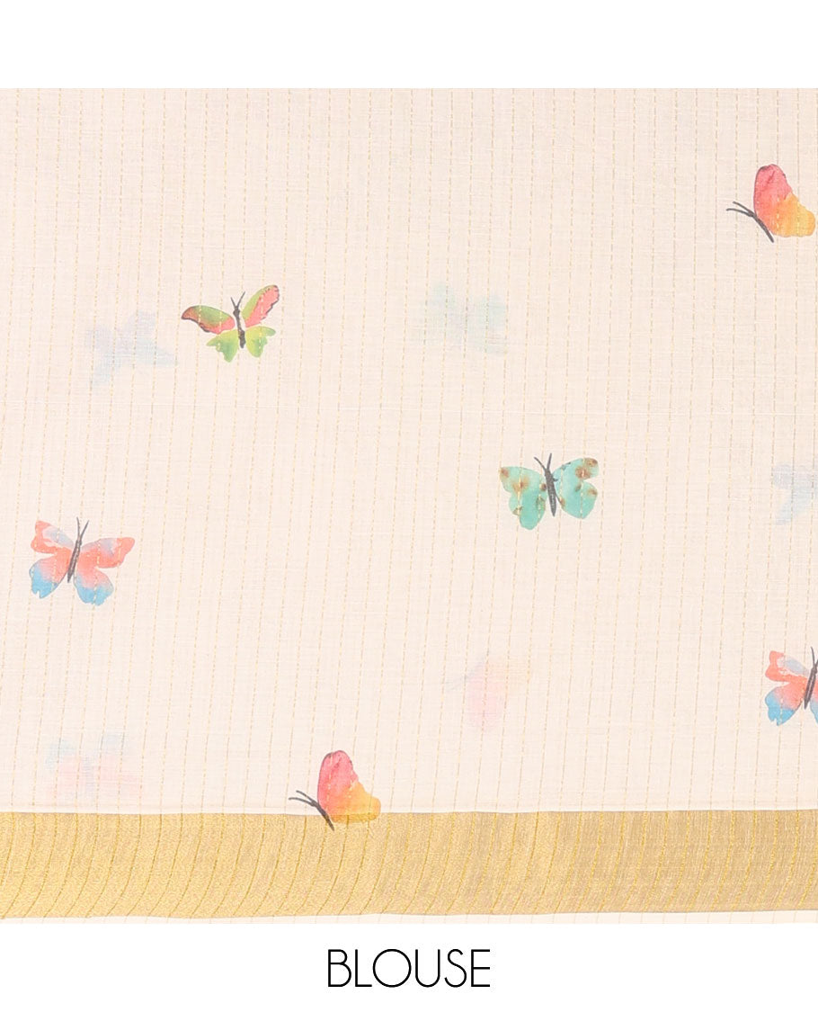 Off-White Kerala Cotton Saree, Adorned with Zari Stripes and Colorful Butterflies, Highlighted by a Zari Border, Pallu of Butterfly Motifs, and Paired with a Matching Blouse