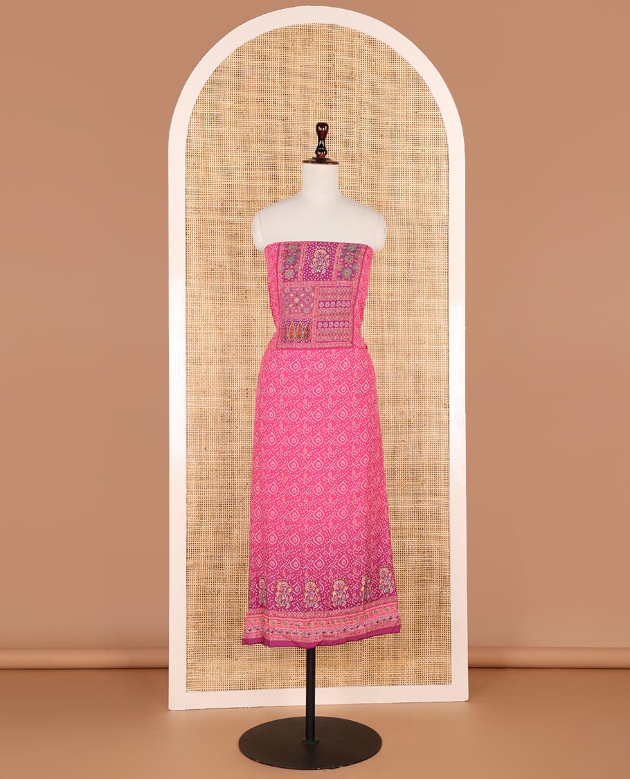 Deep pink bhandani print, floral design, swarovski work crepe chudidhar material top with american crepe pant & chinnon material bhandani print, swarovski work dupatta