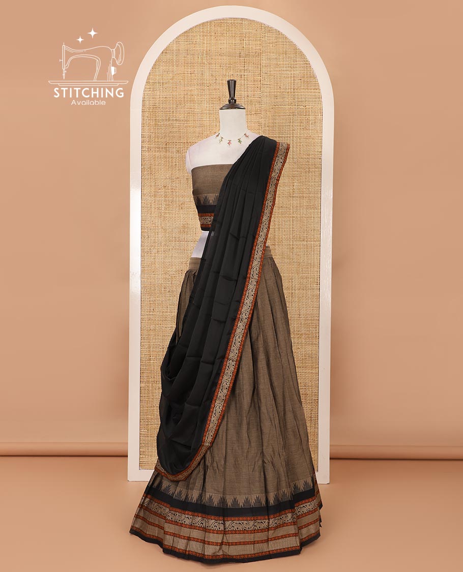 Grey mercedised cotton half-saree, contrast traditional resham thread border skirt, matching blouse & contrast black thread border georgette dhavani