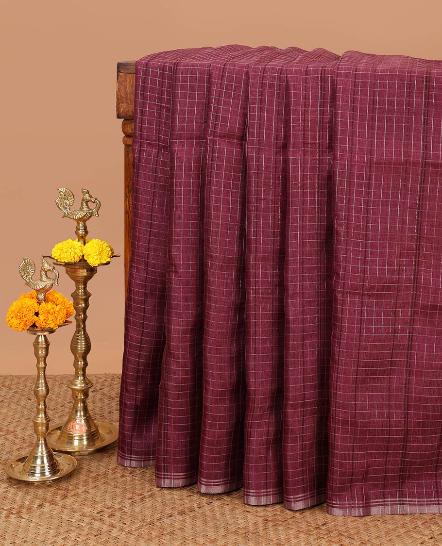Purple zari checks linen slub saree with zari piping border & lining pallu along with brocade blouse