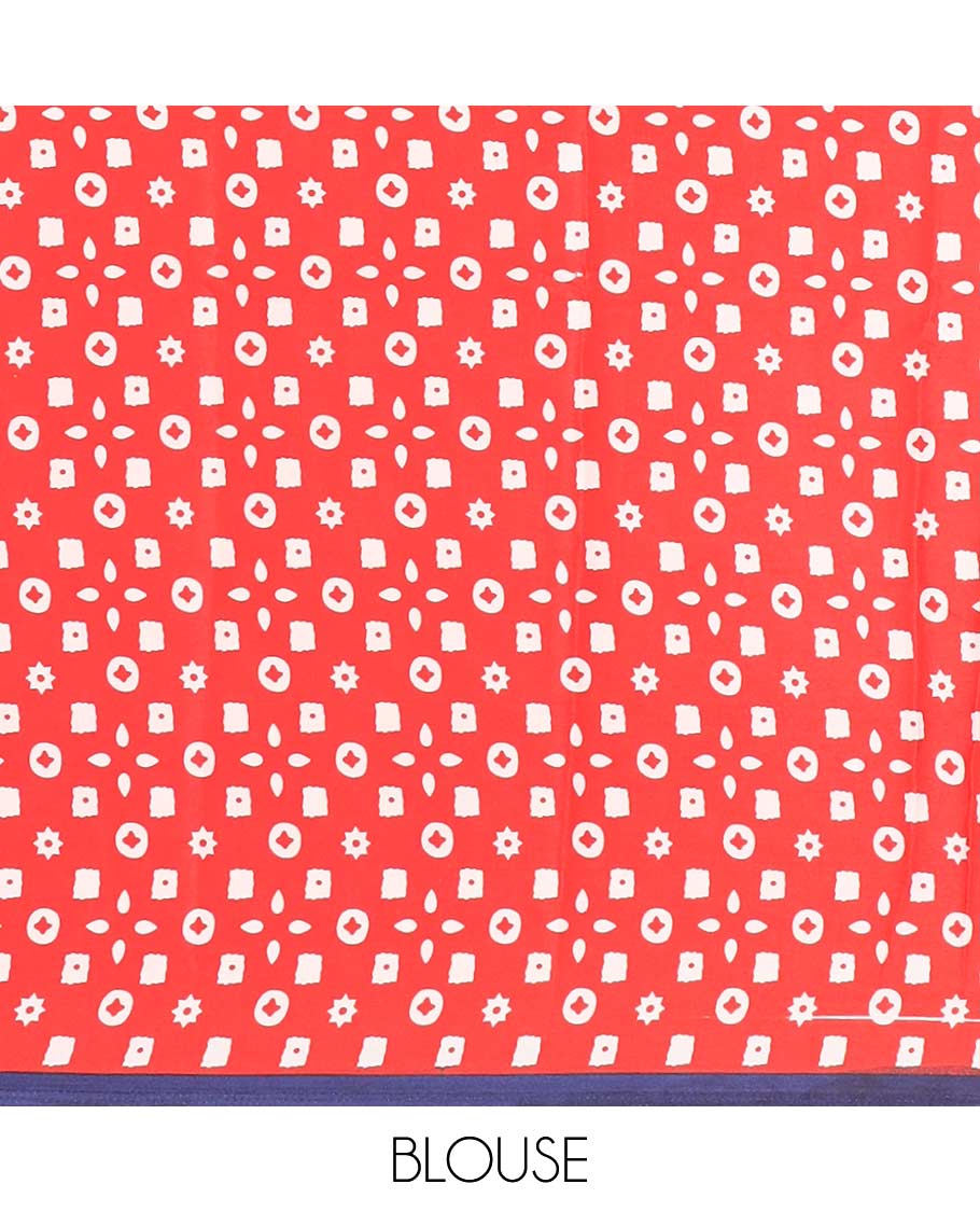 Blue half-plain & half-printed gajji silk saree, contrast red border & pallu of ajrakh-print with printed blouse