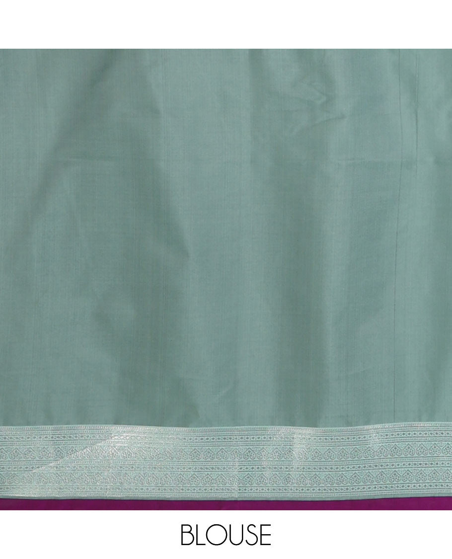 Purple floral zari buttas semi-soft silk saree, contrast traditional motif zari border & pallu of paisleys & checks