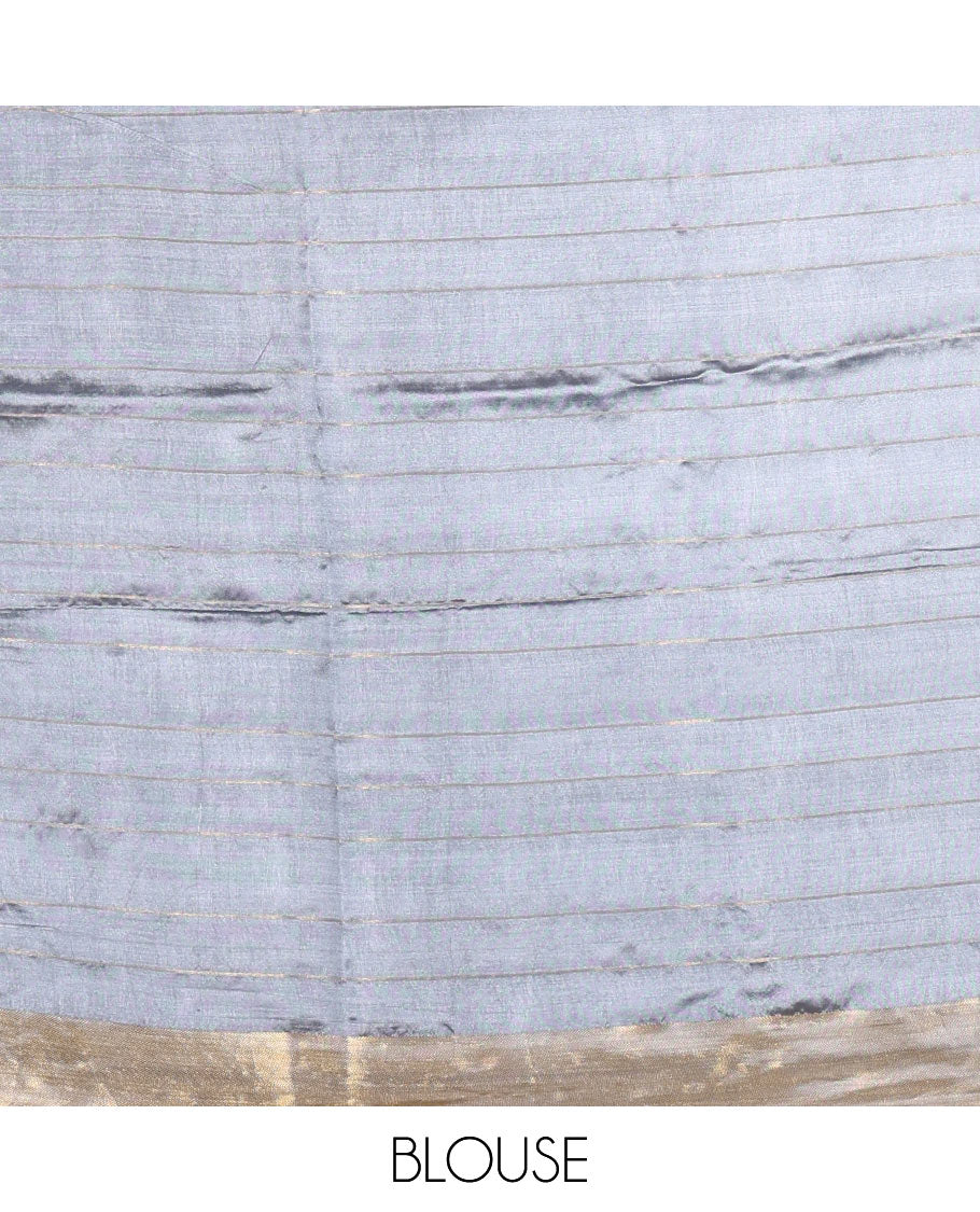 Grey zari buttas and striped banana pith saree, bavanji border, zari striped pallu, and a matching blouse