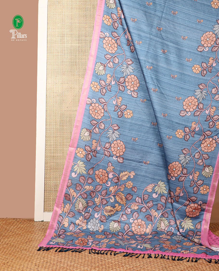 Blue floral digital printed semi tussar silk saree with kalamkari design border & kalamkari design pallu along with printed blouse