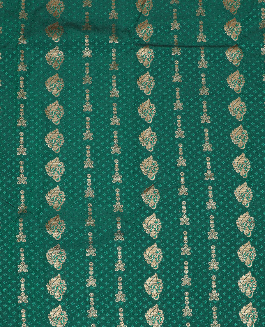Bottle green art silk pavadai material set, zari design pavadai, contrast blouse & traditional zari border