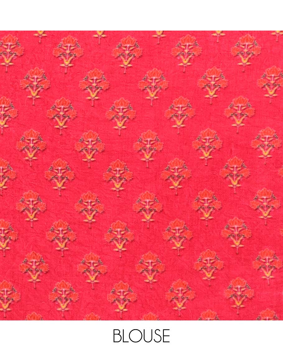 Green circular motifs semi-banaras printed saree with contrast elephant motifs border & intricate design pallu