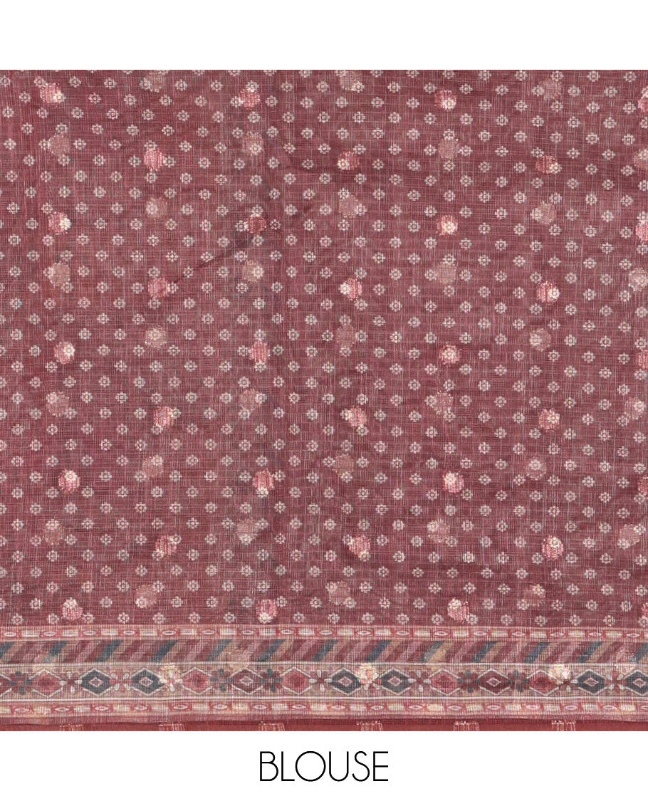 Maroon butta digital printed jaipuri kota saree with printed border & printed pallu along with butta design printed blouse