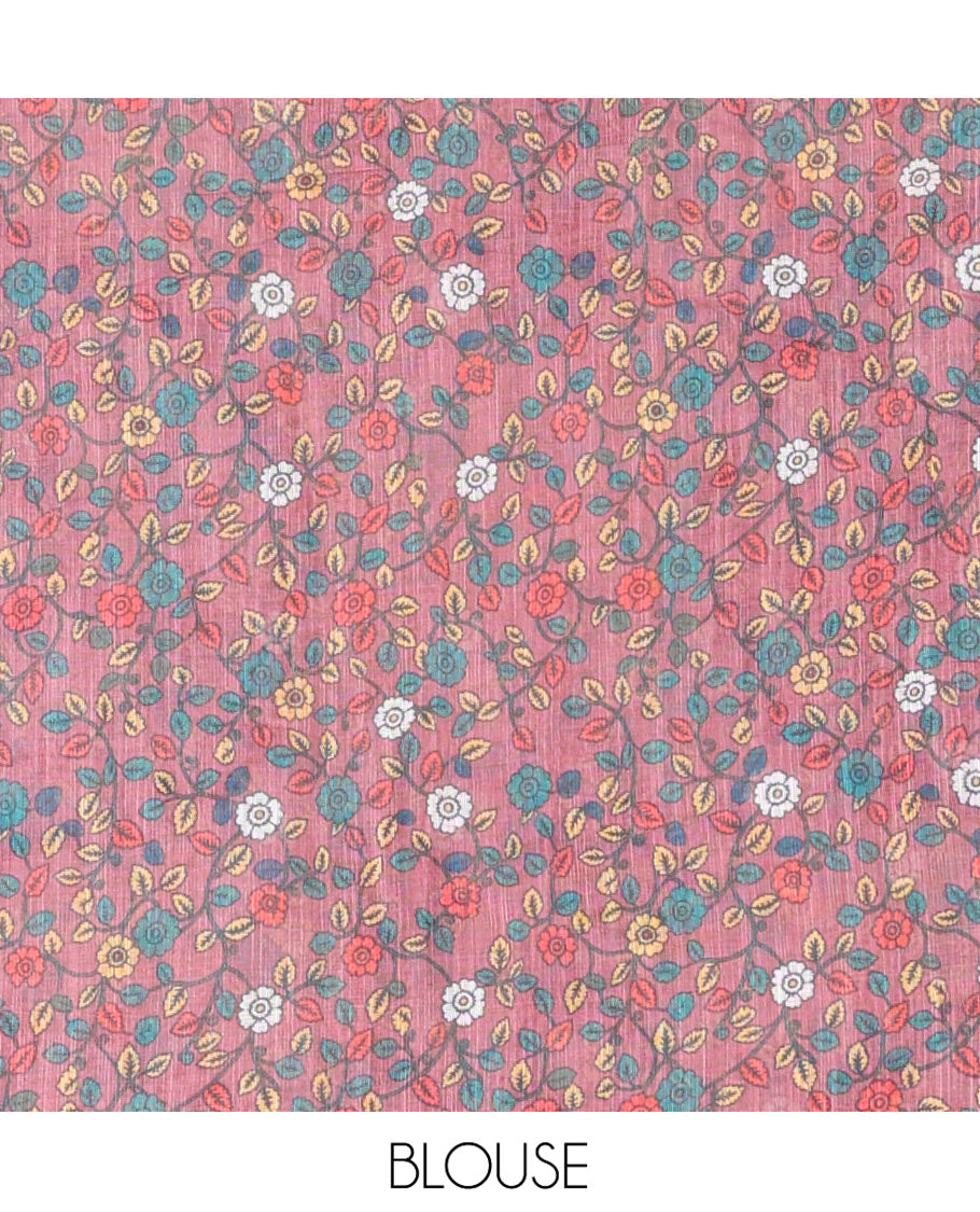 Cream-Plum Linen Cotton Saree, Adorned with Shibori Print, Contrast Piping Border, Kalamkari Floral Vine Pallu, and a Contrast Blouse