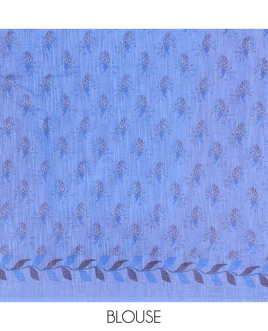 Borderless blue striped and peacock-motif-printed skirt-style linen cotton saree with a self-pallu of peacock print and a matching blouse