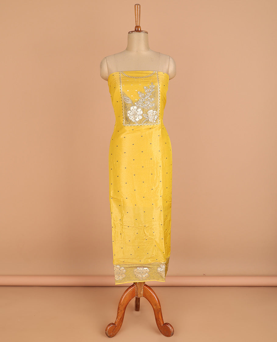 Yellow chudidhar material chanderi tissue neck weaving thread, floral butta top with satin cotton pants & chanderi tissue zari weaving dupatta