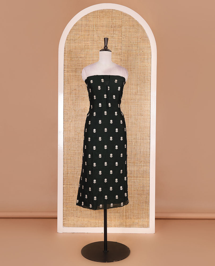 Dark green Vichitra silk material churidar set, floral motifs embroidered top, contrast Santoon bottom, and floral vine thread embroidered scallop dupatta