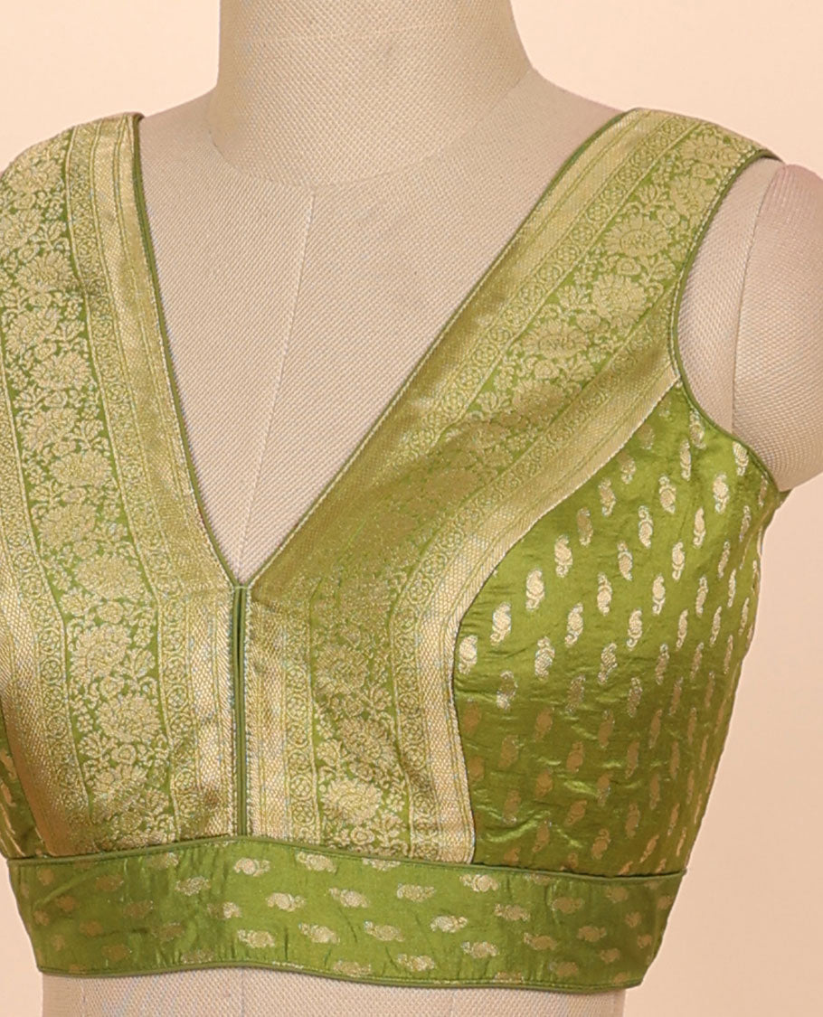 Green floral zari design front & back deep v-neck raw-silk readymade sleeveless blouse