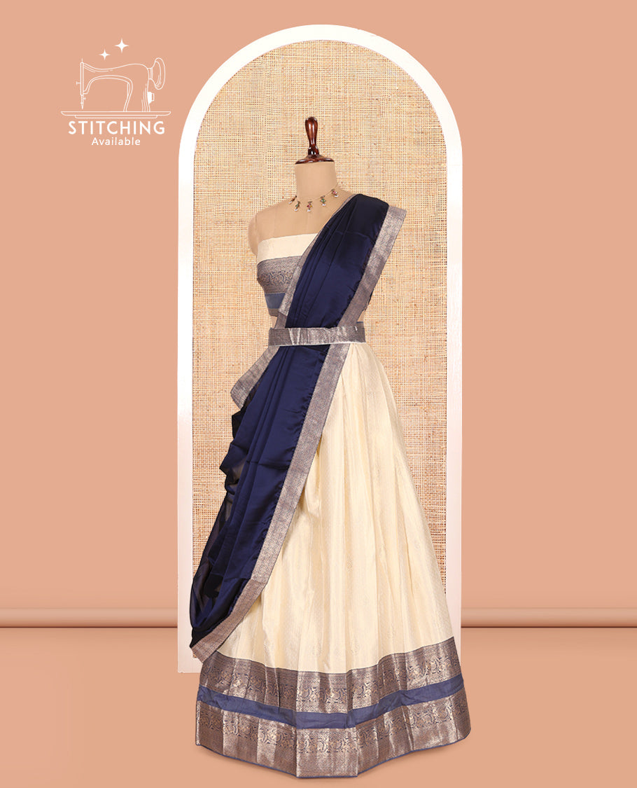 Cream-Navy Blue Semi-Silk Half-Saree