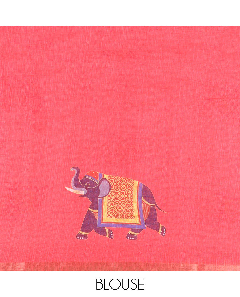 Pink Linen Cotton Saree, Elevated with Micro-Checks and Elephant Motifs on Its Body, Complemented by a Contrast Border, Striped Pallu, and Paired with a Contrast Elephant Motifs Printed Blouse