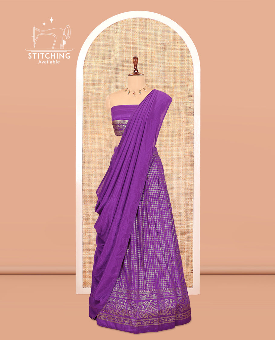 Violet Vichitra Silk Half Saree with Zari Checks, a Traditional Zari Border, Matching Blouse and a Dhavani