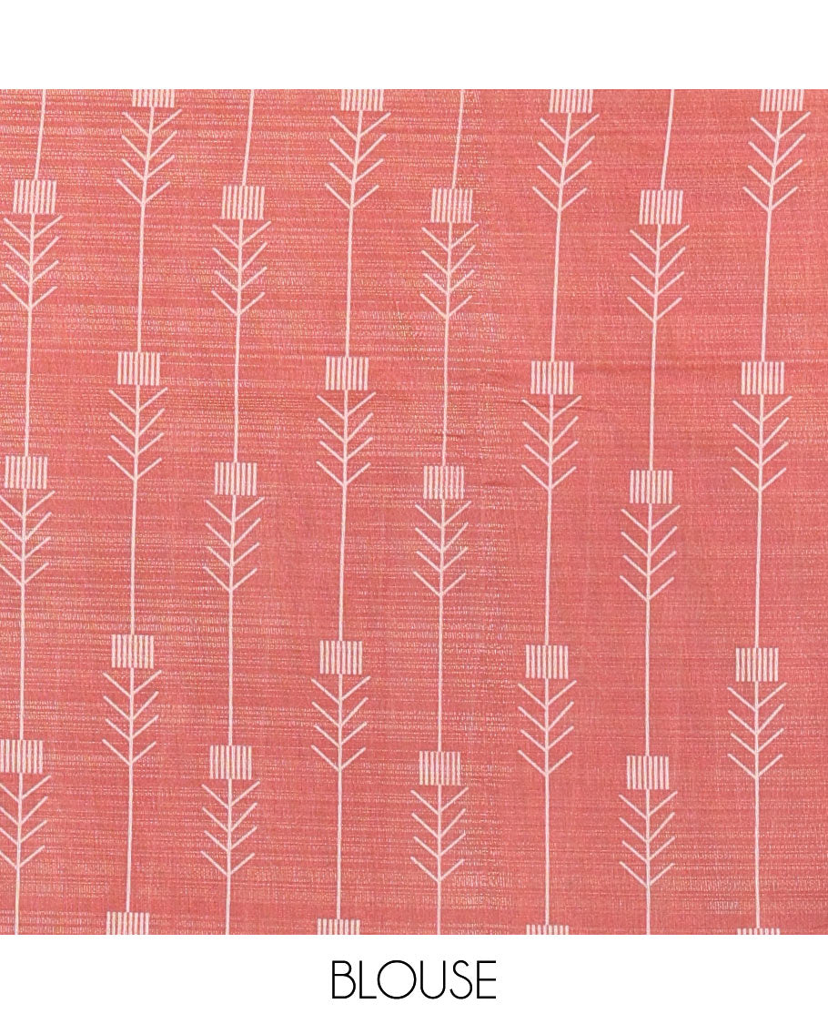 Blue Tissue Saree, Elevated with Horizontal Stripes and Unique Motifs Printed All Over Its Body, Complemented by Contrast Printed Border, Pallu Depicts Geometric Patterns, and Paired with a Contrast Geometric Printed Blouse