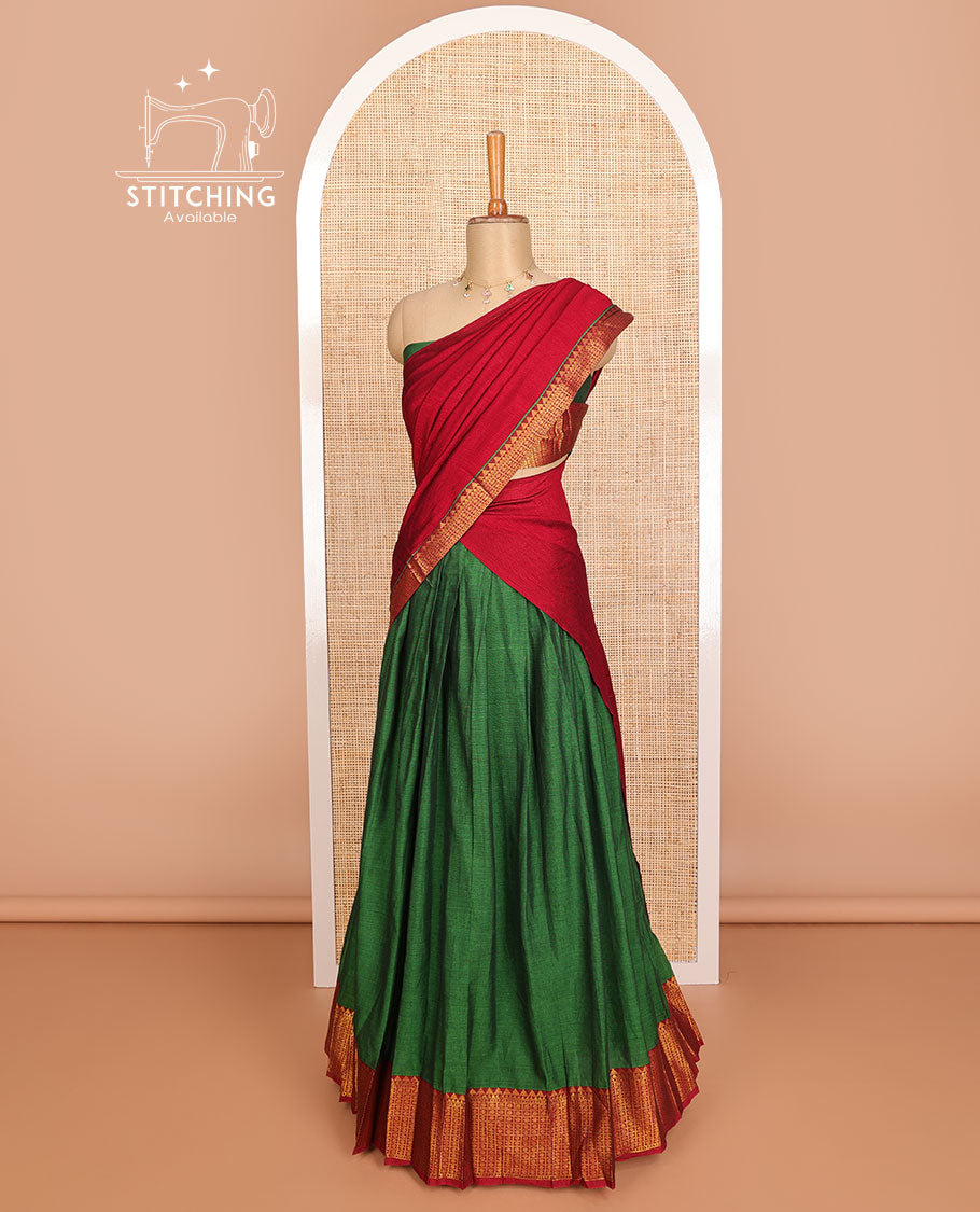 Dark green cotton half saree with contrast traditional zari design border, zari design blouse & plain, zari design border dhavani