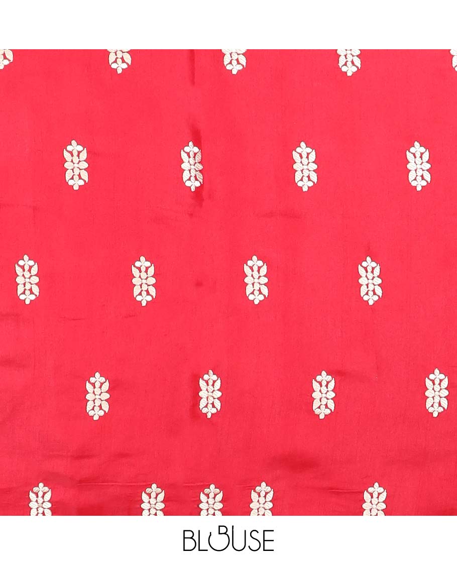 Red floral motifs semi-banaras tussar saree with self pichwai border & zari design pallu