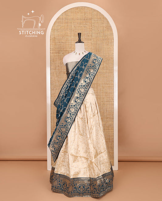 Cream-persian blue semi-banaras half-saree, floral jaal jacquard & contrast traditional zari border skirt, floral jacquard blouse & contrast zari design blouse