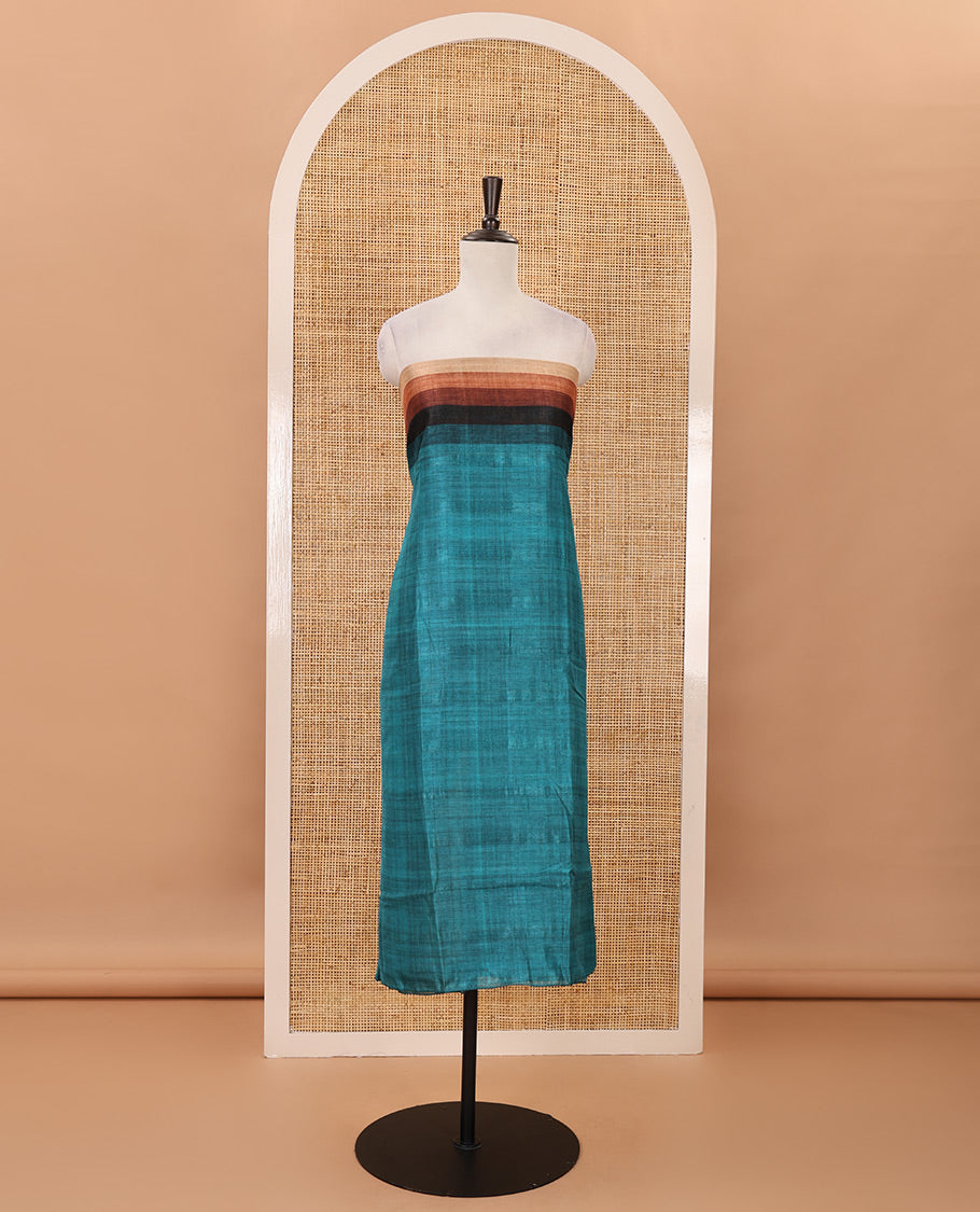 Teal material chudidar set, horizontal ombre striped semi-tussar top, plain santoon bottom & horizontal ombre striped dupatta with tassels