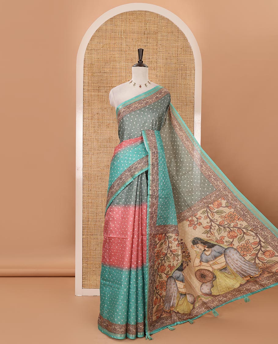Rama green3D-dying with bandhani printed design kota saree , self printed border , radhe and kalamkari style printed pallu & contrast printed blouse