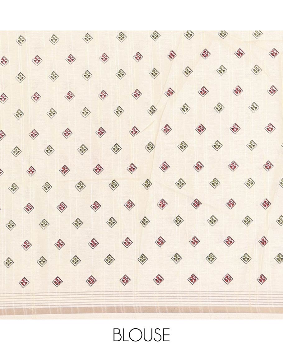 White Dola Silk Saree, Entralled with Leaf Motifs Printed On Its Body, Highlighted by Self-Border of Zari and Print Work, Printed Pallu, and Paired with a Matching Blouse