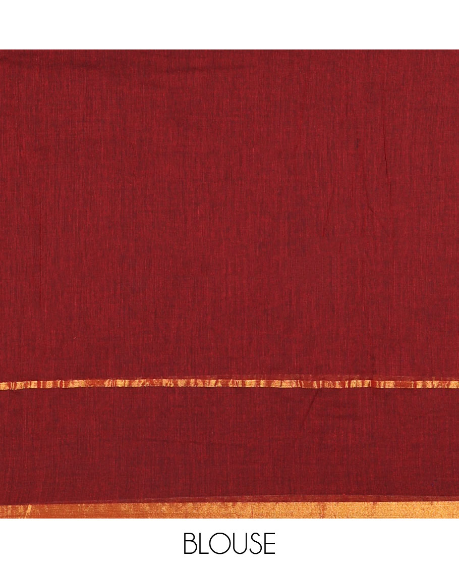 Maroon Plain Khadi Mul Cotton Saree, Subtly Sparkled with Zari Border, Self-Pallu, and Paired with a Matching Blouse