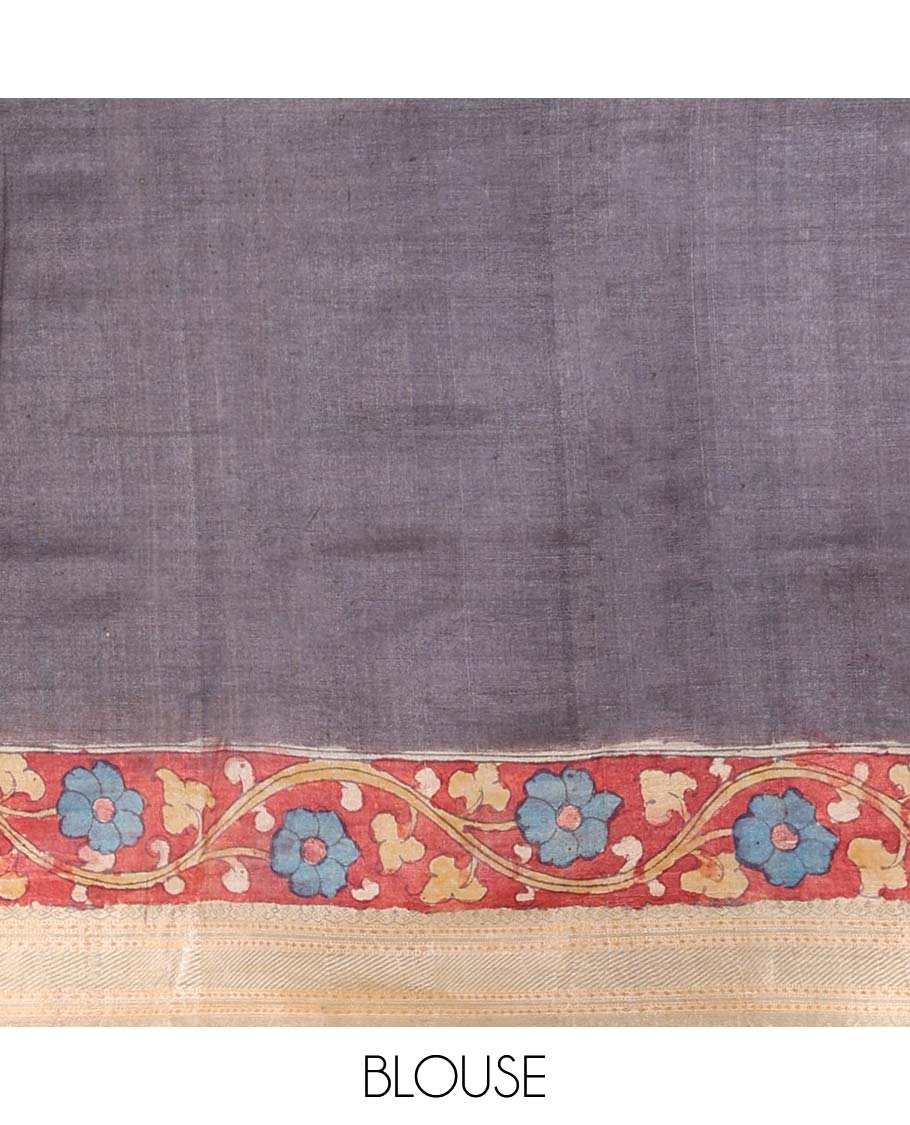 Grey floral, human design handpainted pen kalamkari silk saree with contrast plain border & striped pallu