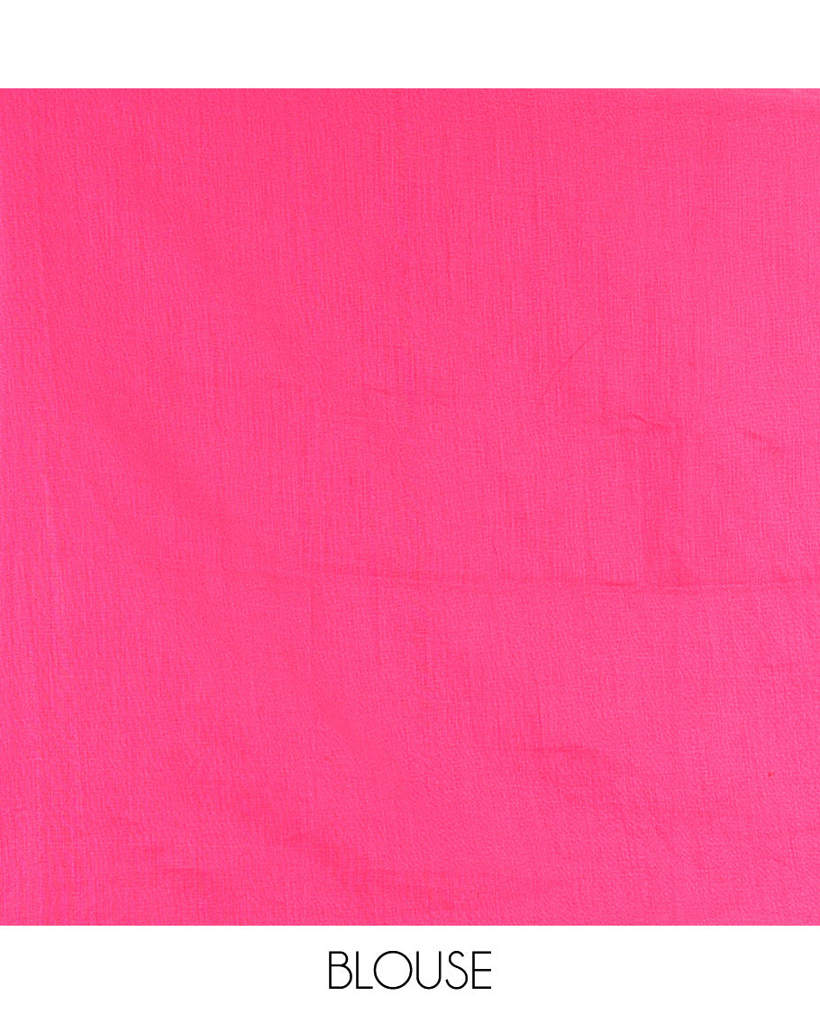 Borderless Rani Pink Plain Khadi Mul Cotton Saree, a Contrast Heathered Pallu, and a Matching Blouse
