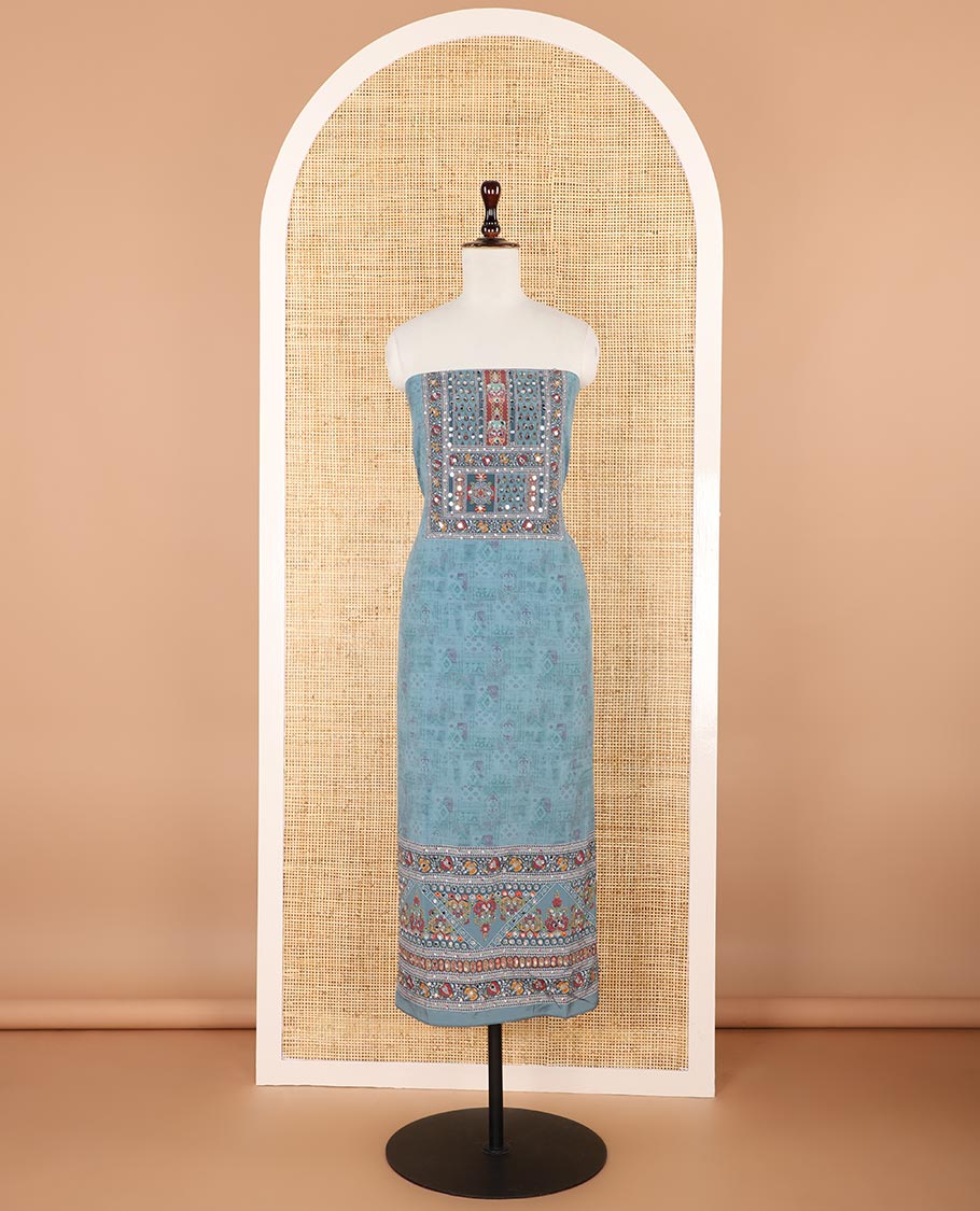 Sea blue jacquard ajrak, stone, mirror work crepe chudidhar material top with american crepe pant & chinnon material ajrak digital print , mirror work dupatta