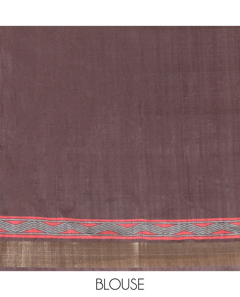 Pink Art Tussar Saree, Embellished with Geometric Patterns, a Contrast Zari Border, a Geometric Pallu, and a Contrast Blouse