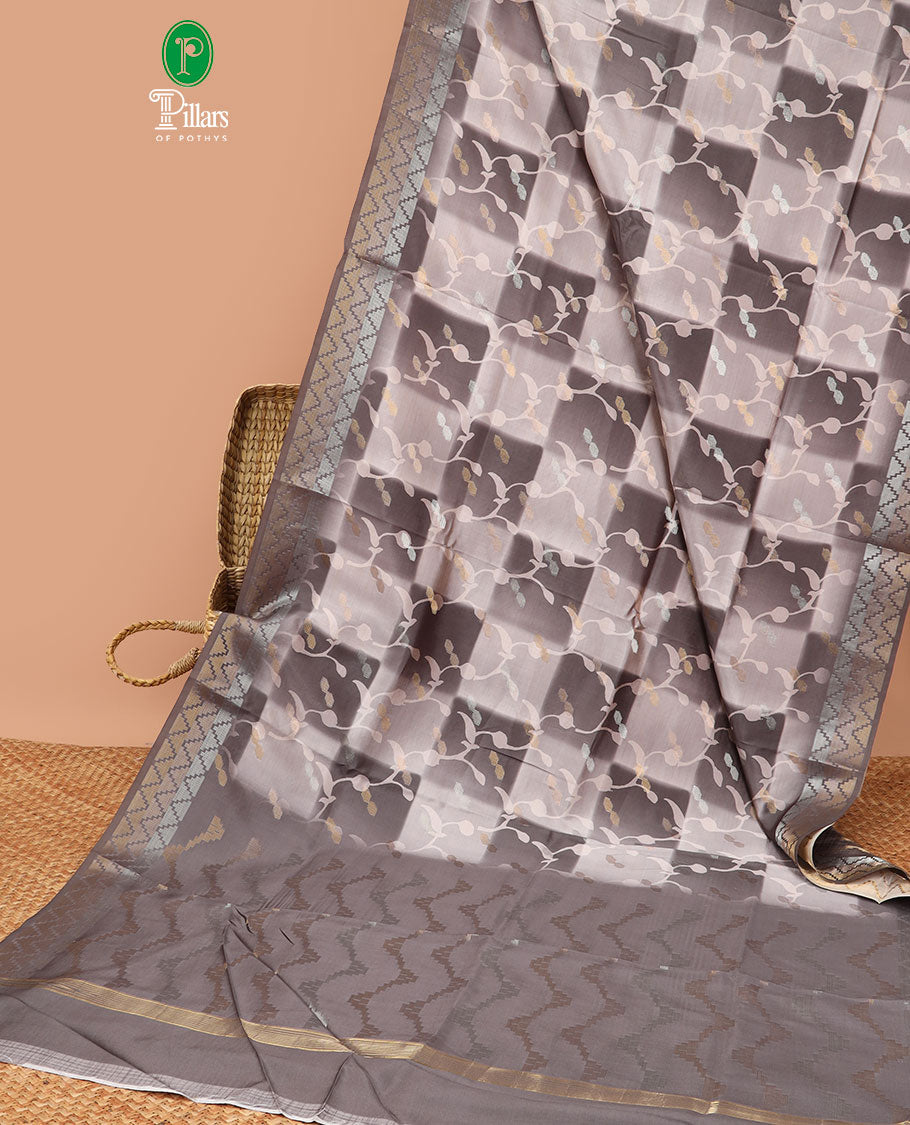 Grey all over checked printed with zari buttas, antique jacquard zari design border & rich zari design pallu