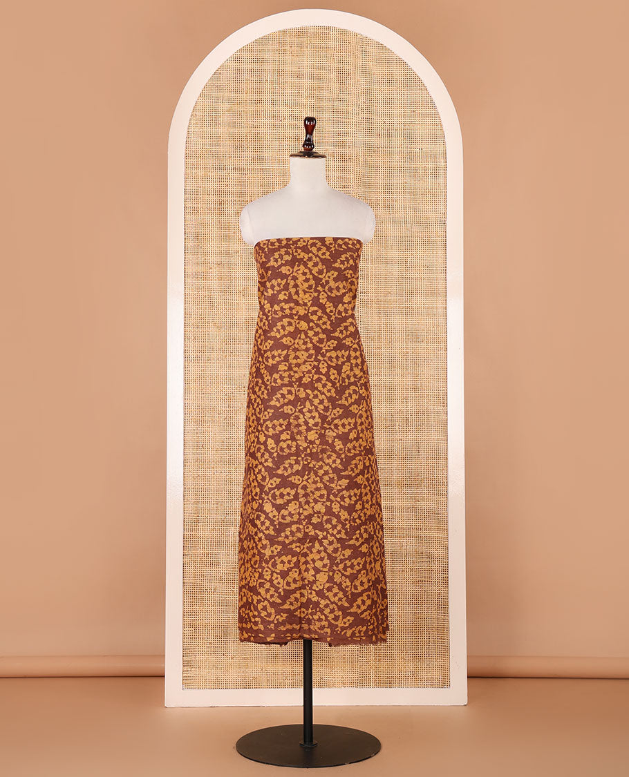 Mustard chudidhar material, leaf batik-print bhagalpuri cotton top,contrast batik-print bottom & dual-color printed mul-mul dupatta