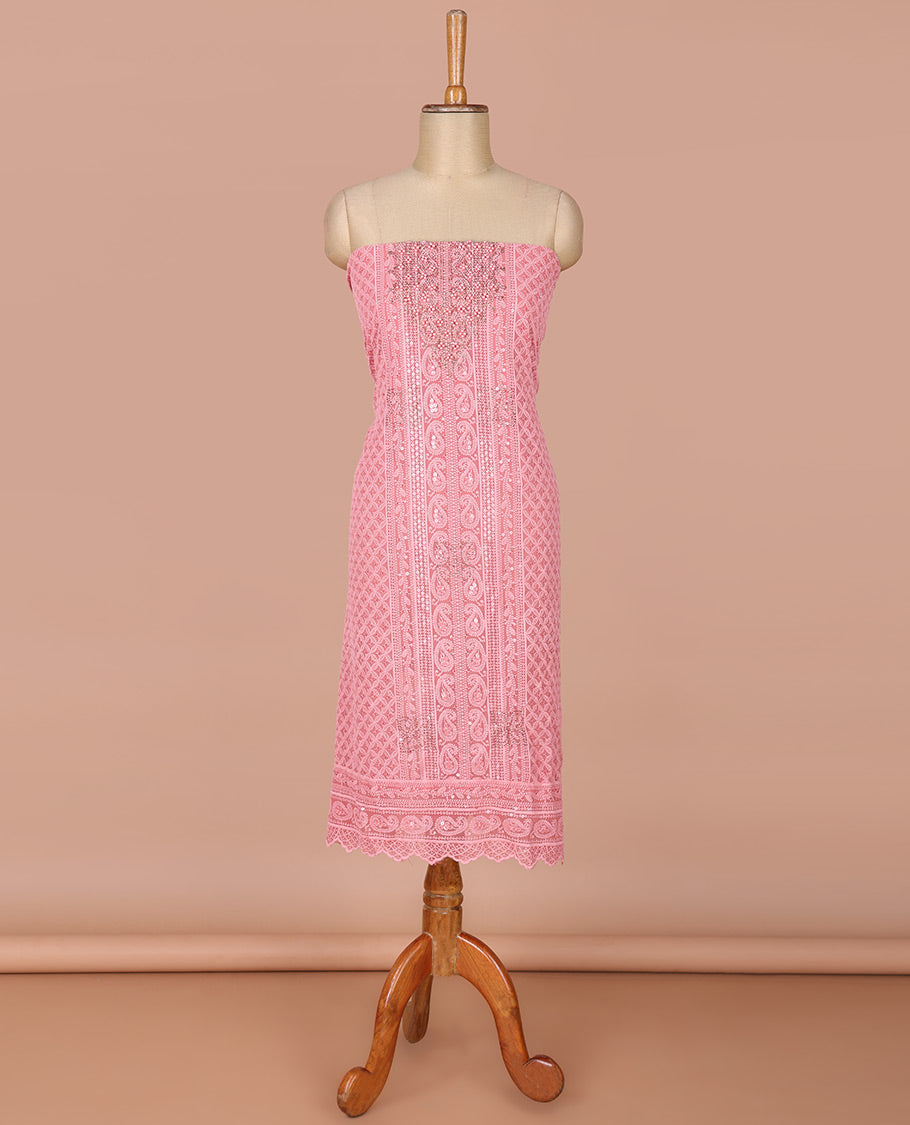 Onion pink georgette shifli sequins, stone, moti work chudidhar material top with amercial crepe pant & digital print, mirror work dupatta