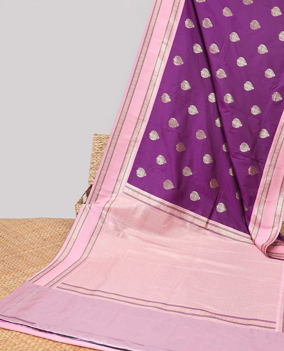 Purple leaf buttas semi-soft silk saree with contrast traditional zari designb order & argyle design pallu