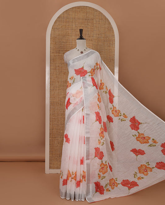 White hibiscus motifs printed & embroidered linen saree, silver zari border, hibiscus motifs printed pallu & hibiscus printed blouse