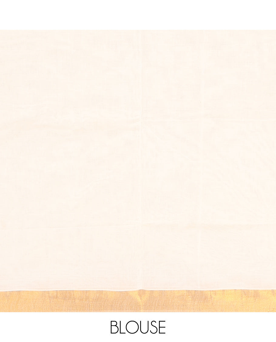 Cream Kerala Saree, Enriched with Zari Buttas on Its Body, Subtly Sparkled Bavanji Border, Pallu Woven in Zari Peacock Designs, and Paired with a Matching Blouse