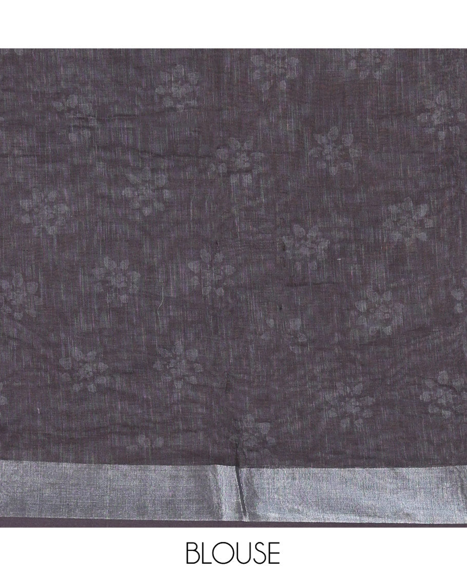Chikku and Black Linen Cotton Saree, Subtly Designed with Half-And-Half-Style Dual-Color Dye on Its Body, Complemented by a Contrast Bavanji Border, Pallu of Batik Print, and Paired with a Contrast Blouse
