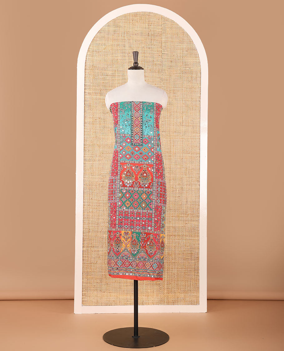 Red crepe masakali material chudidar set, geometric print with mirror embroidery top,plain bottom & multi-color geometric print & mirrorwork dupatta