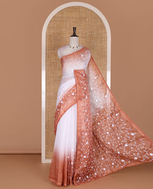 White floral vine chickankari embroidered kota chex saree, lace border, floral vine chickankari embroidered pallu, and contrast plain blouse