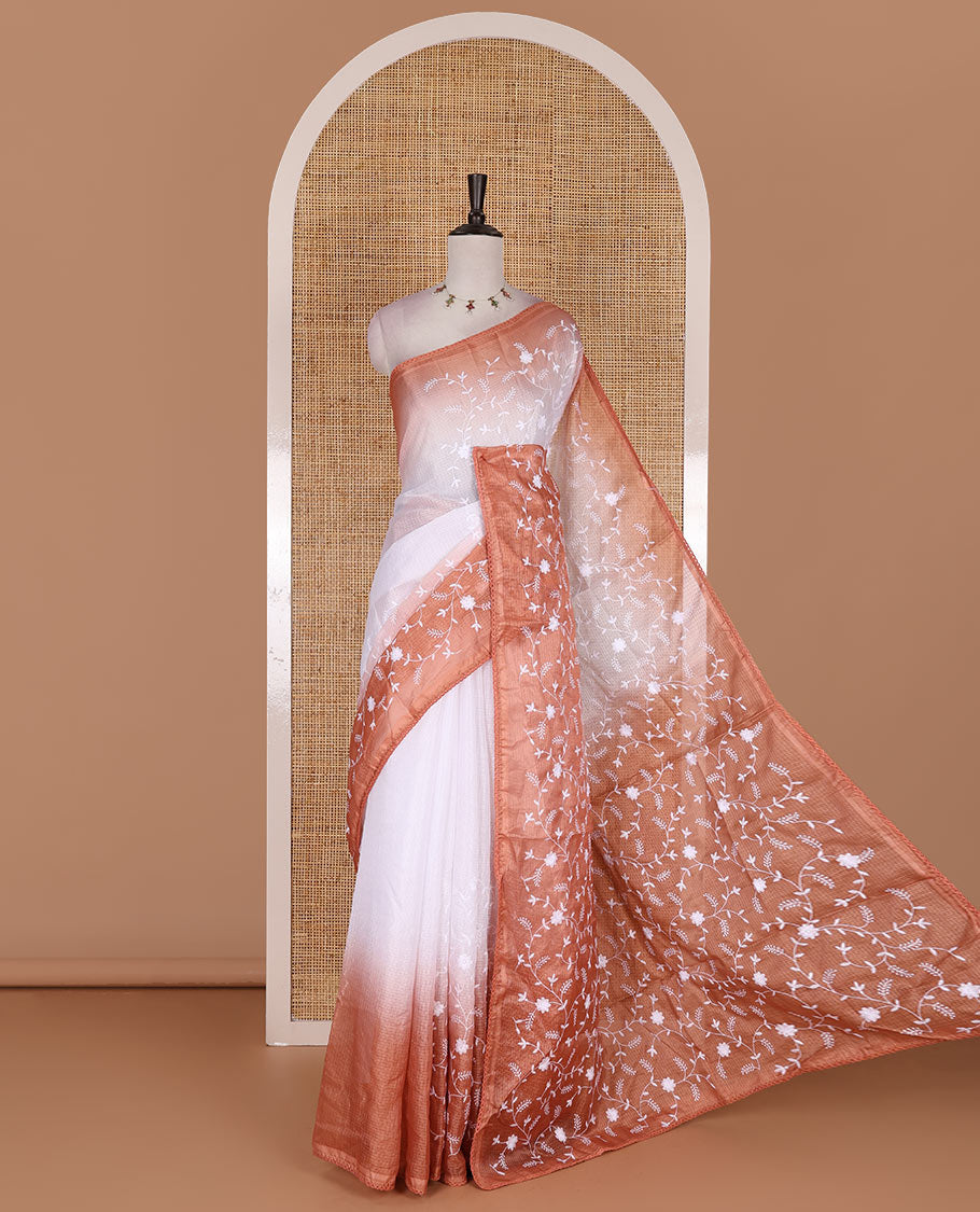 White floral vine chickankari embroidered kota chex saree, lace border, floral vine chickankari embroidered pallu, and contrast plain blouse