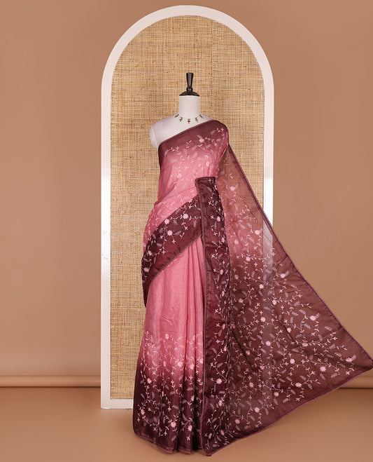 Pink-maroon floral vine chickankari embroidered kota chex saree, lace border, floral vine chickankari embroidered pallu, and contrast plain blouse