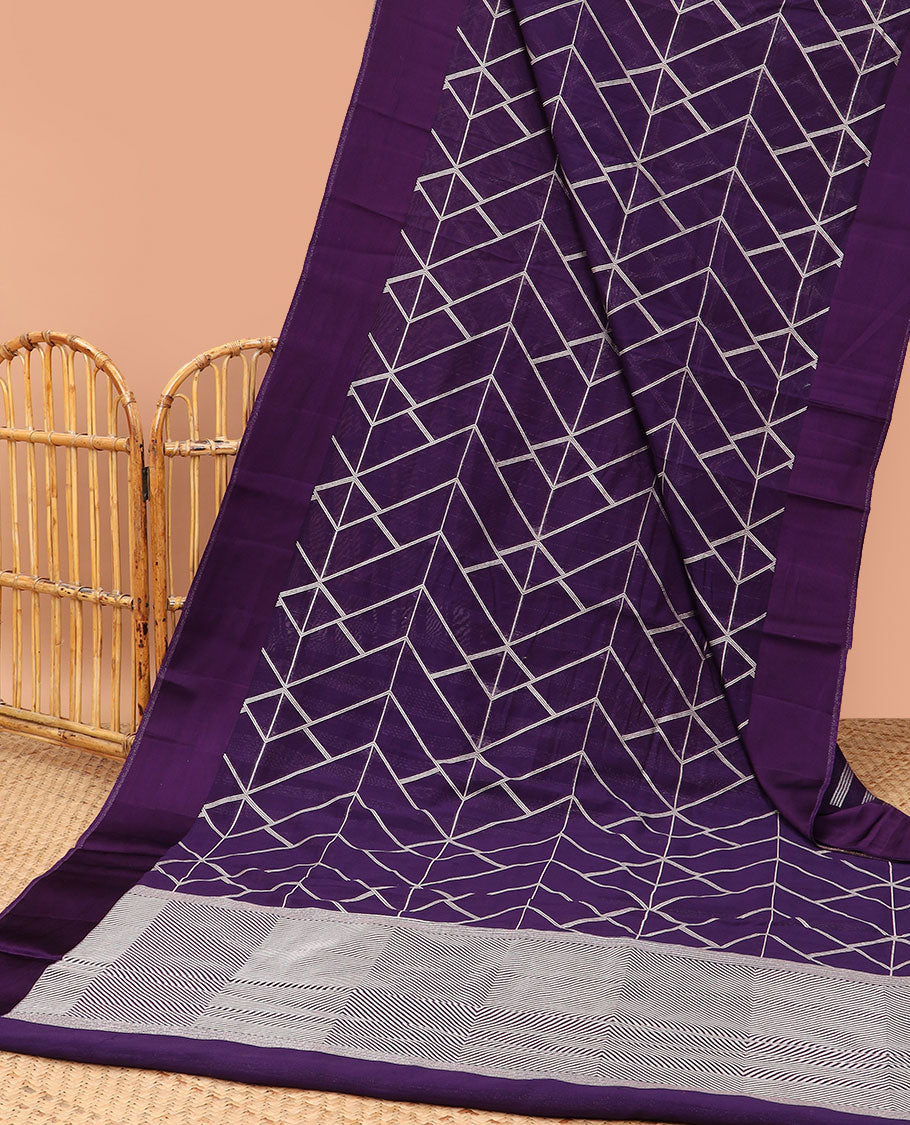 Violet geometric design mushru silk saree with self plain border & striped pallu
