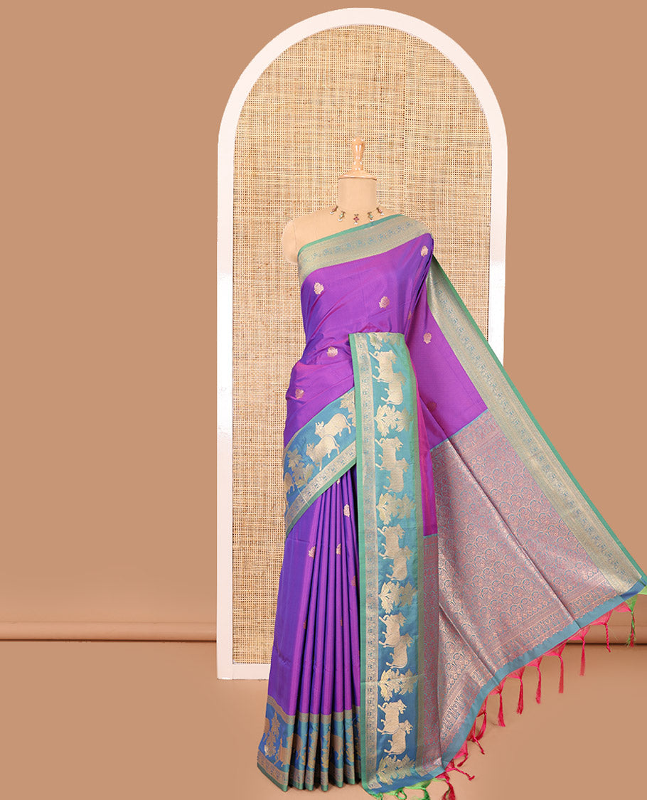 Violet zari buttas elite soft silk saree, contrast traditional zari border of Pichwai cow design, scallop pallu, and a contrast zari design blouse