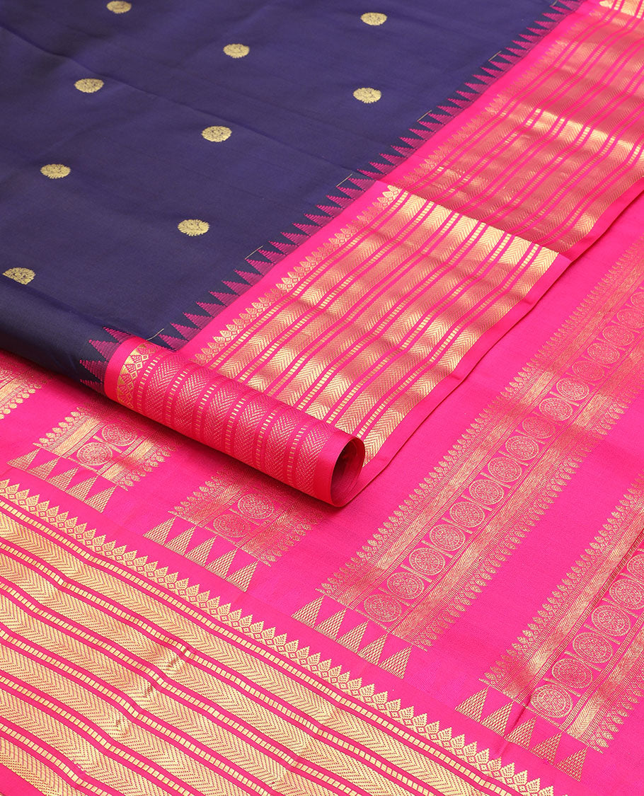 Dark blue floral buttas nine yards silk saree with contrast traditional zari design border & intricate zari design pallu