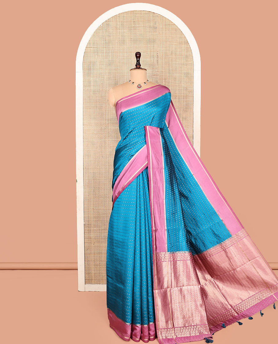 Blue Dupion Silk Saree, Woven with Dotted Stripes, Complemented by a Contrast Border, Pallu of Dotted Stripes, and a Contrast Blouse