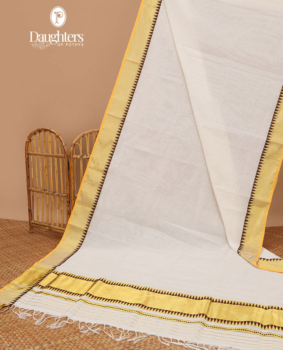 White kasavu saree with contrast temple border & traditional temple pallu, thread design