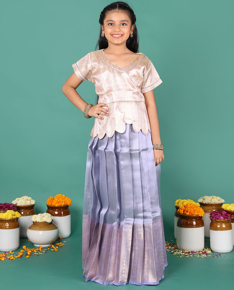 Violet readymade art silk pavadai, traditional zari big border skirt, & contrast jacquard scallop neck & short sleeve blouse