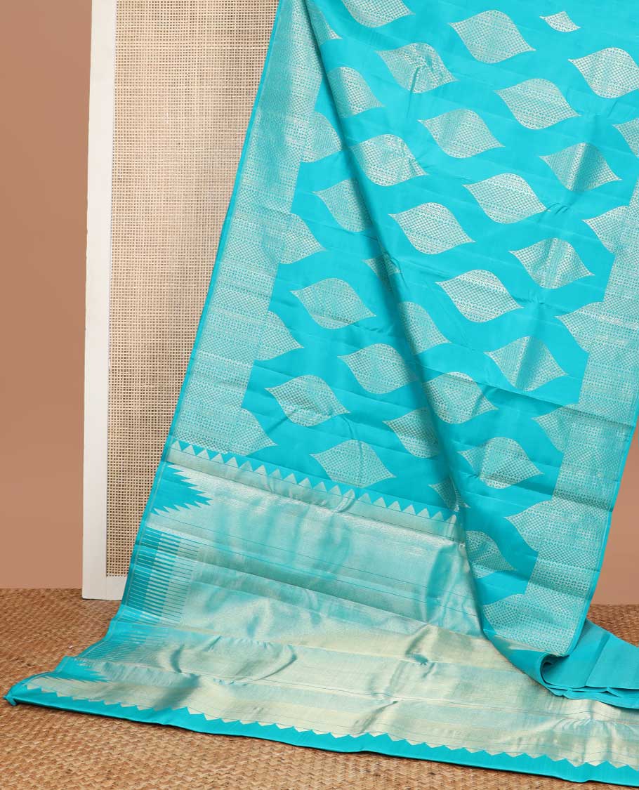 Light blue geometric design kancheepuram silk saree with self zari border & bhavanji pallu