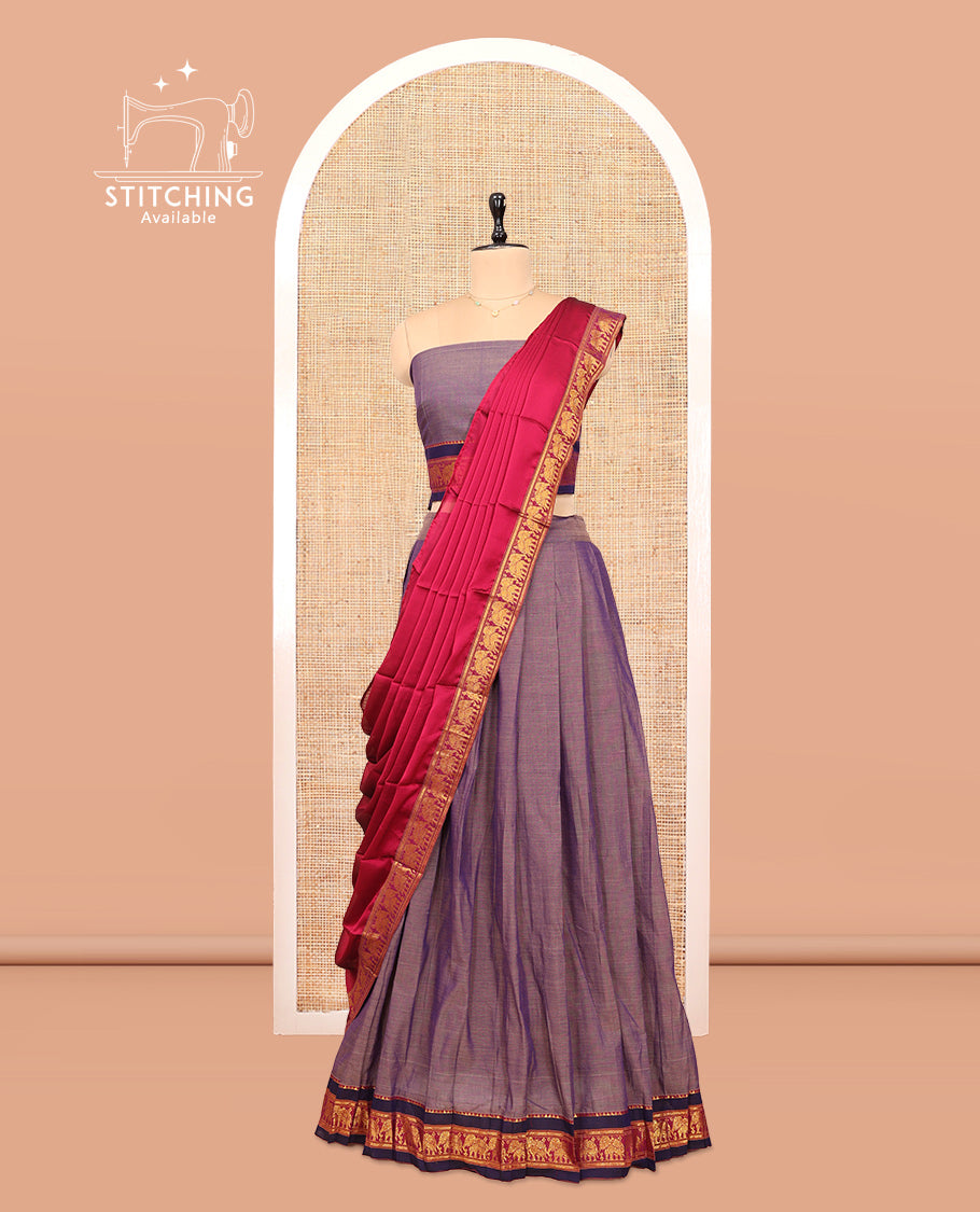 Grey Cotton Half-Saree Features Plain Skirt, a Contrast Elephant Zari Border, a Matching Blouse, and a Contrast Dhavani